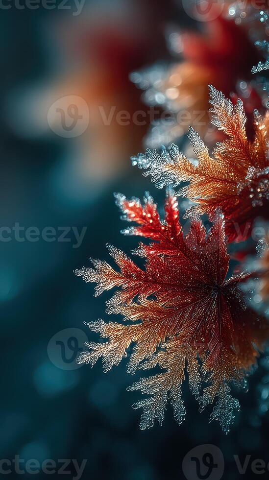 Vibrant autumn leaves glisten with dew in a forest setting during the early morning light photo