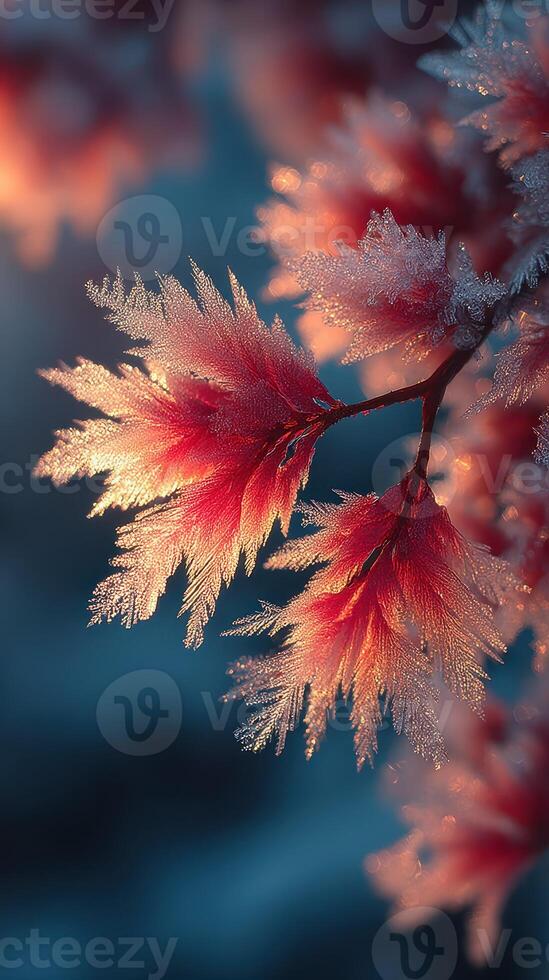 Frost-covered leaves glowing in the early morning sun during a winter day photo