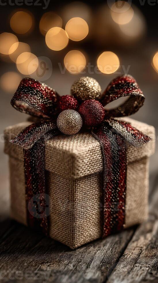 Holiday gift box decorated with ribbon and ornaments resting on wooden table with soft bokeh background photo