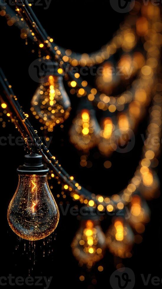 Warm glowing light bulbs hang on strings creating a cozy atmosphere during a rainy evening in a garden photo