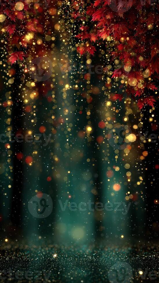 Golden autumn leaves illuminated by soft lights create a magical atmosphere in a tranquil forest setting photo