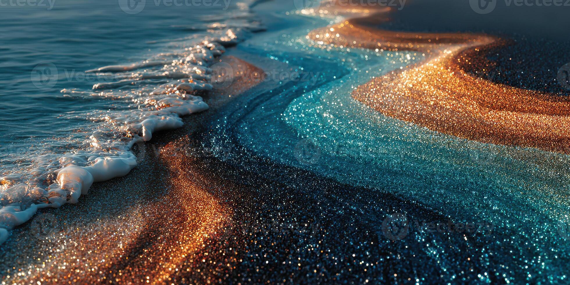 Waves with shimmering golden and blue hues lapping the shore at sunset on a tranquil beach photo