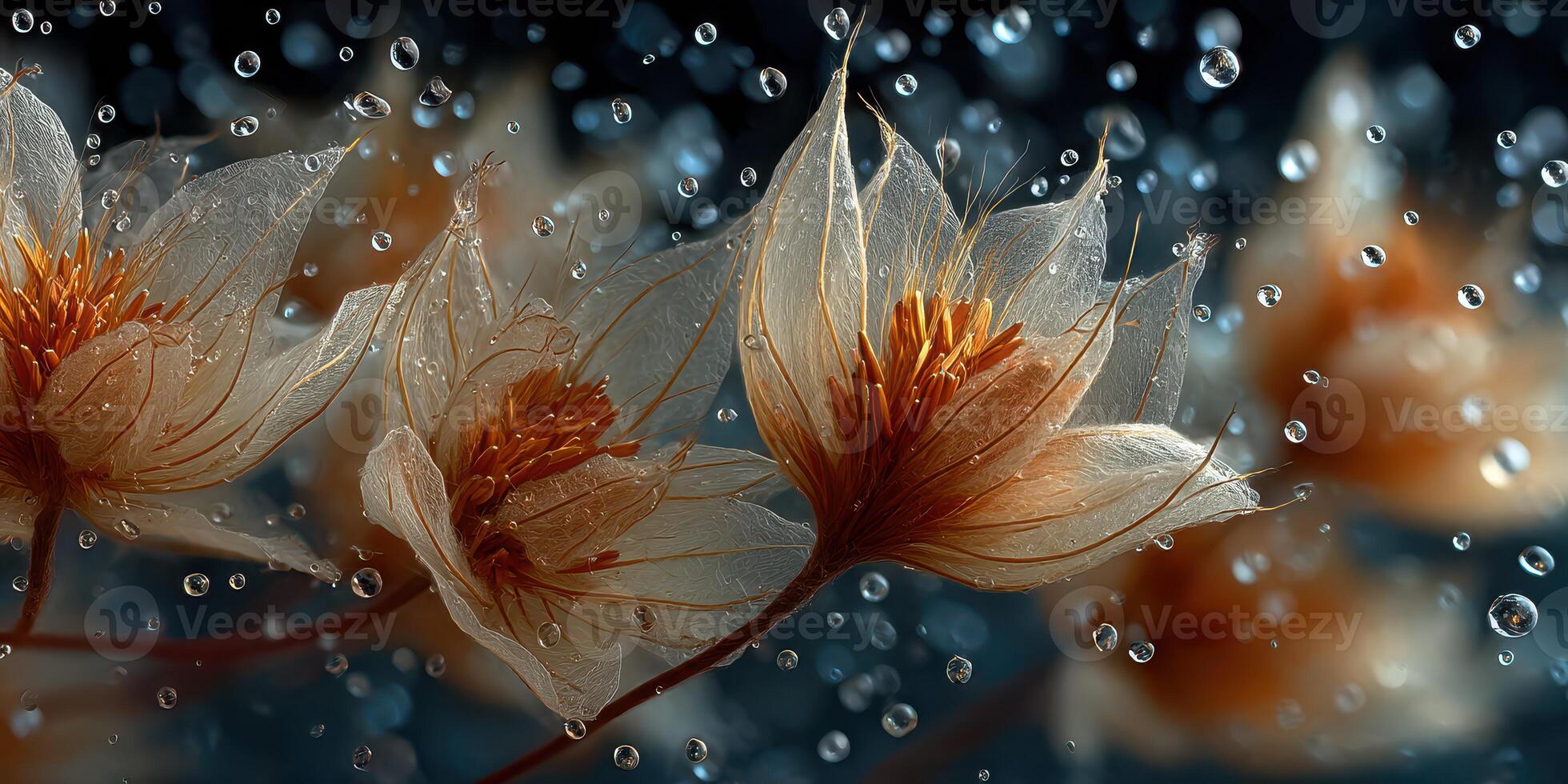 Soft pastel flowers adorned with water droplets create a serene underwater scene in a tranquil environment photo