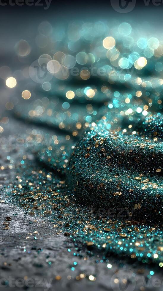 Captivating turquoise and gold glitter creating a shimmering effect on a textured surface in ambient light photo
