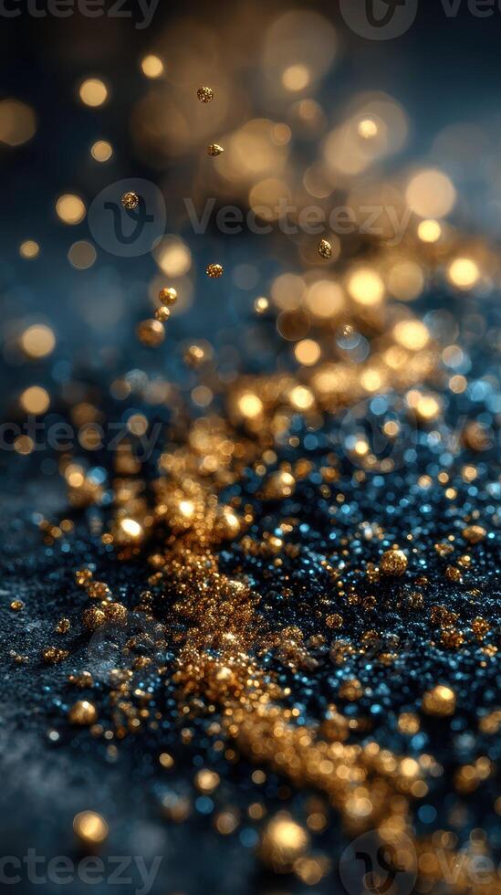 Sparkling gold and blue glitter creates a mesmerizing visual effect on a dark surface at night photo