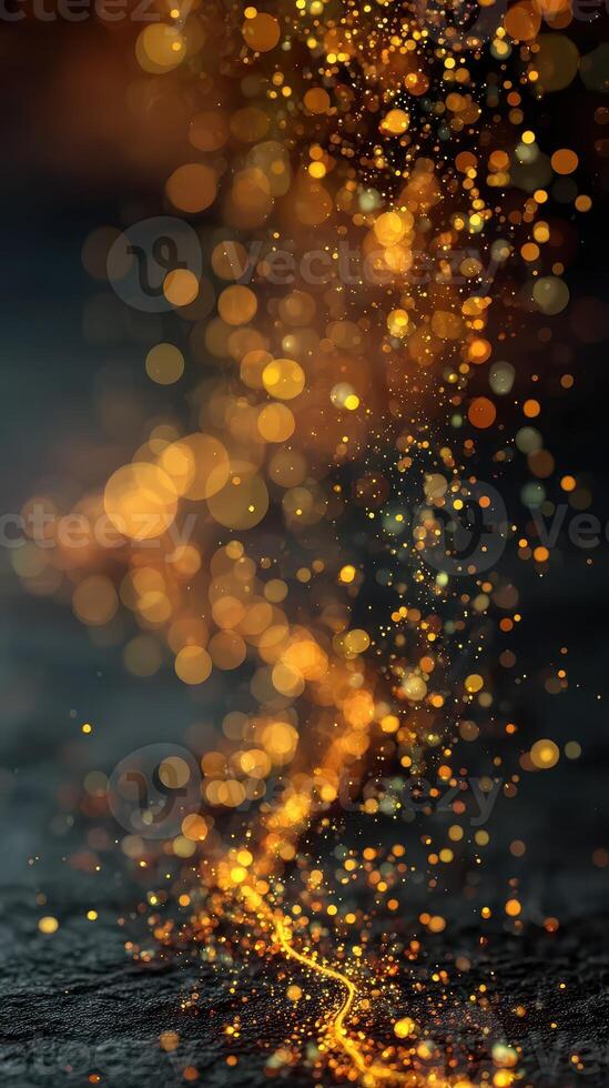 Sparkling golden particles create a mesmerizing cascade against a dark backdrop during an artistic display at night photo