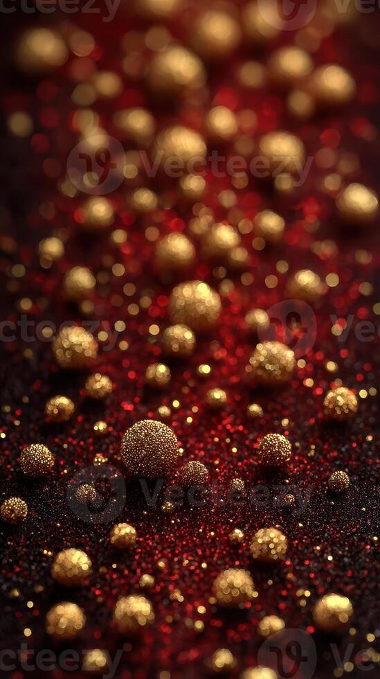 Golden glitter spheres create a magical texture on a red and black background during a festive celebration photo