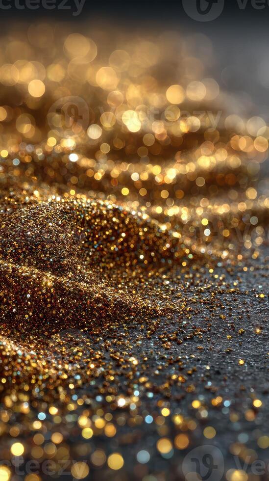 Sparkling gold glitter covering a surface creates a shimmering visual effect in soft lighting photo
