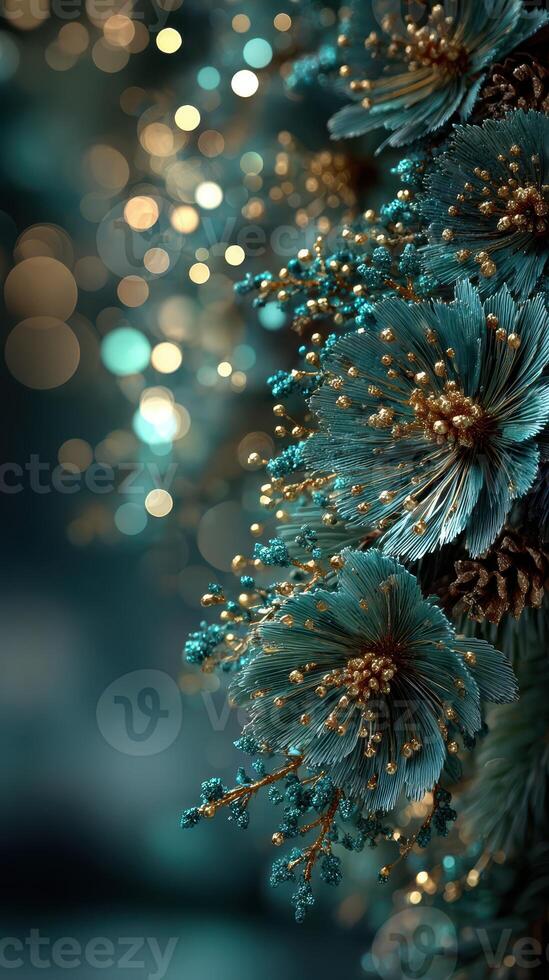 Stunning close-up of intricate teal flowers with golden accents against a blurred bokeh background during evening light photo
