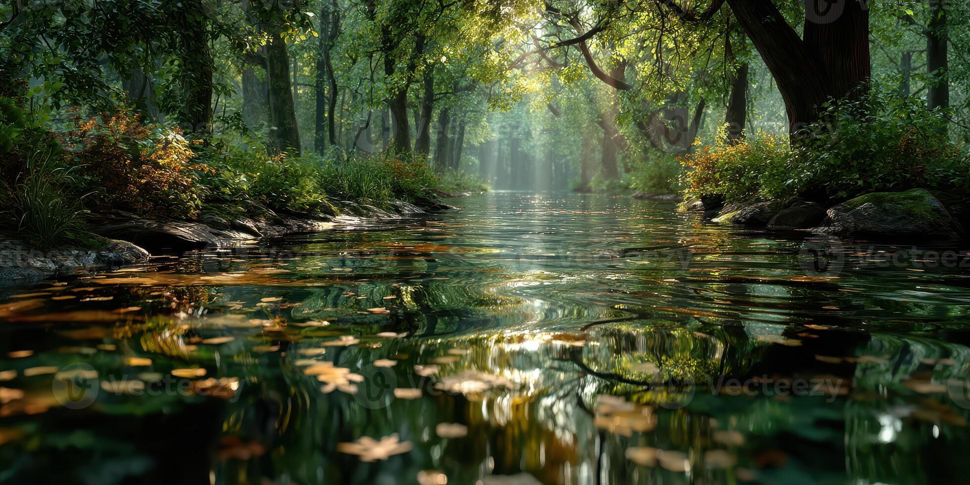 Serene forest stream reflecting sunlight during autumn with colorful leaves floating on water photo