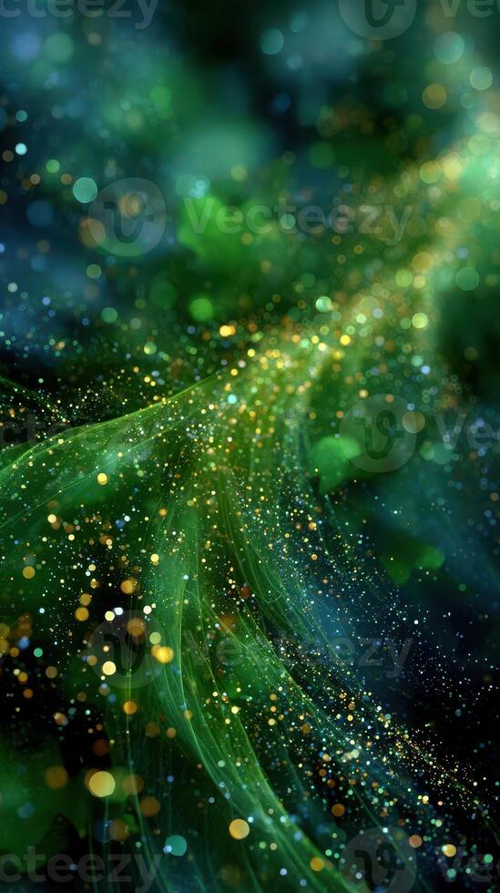 Swirling green and gold particles create a cosmic atmosphere in the night sky photo