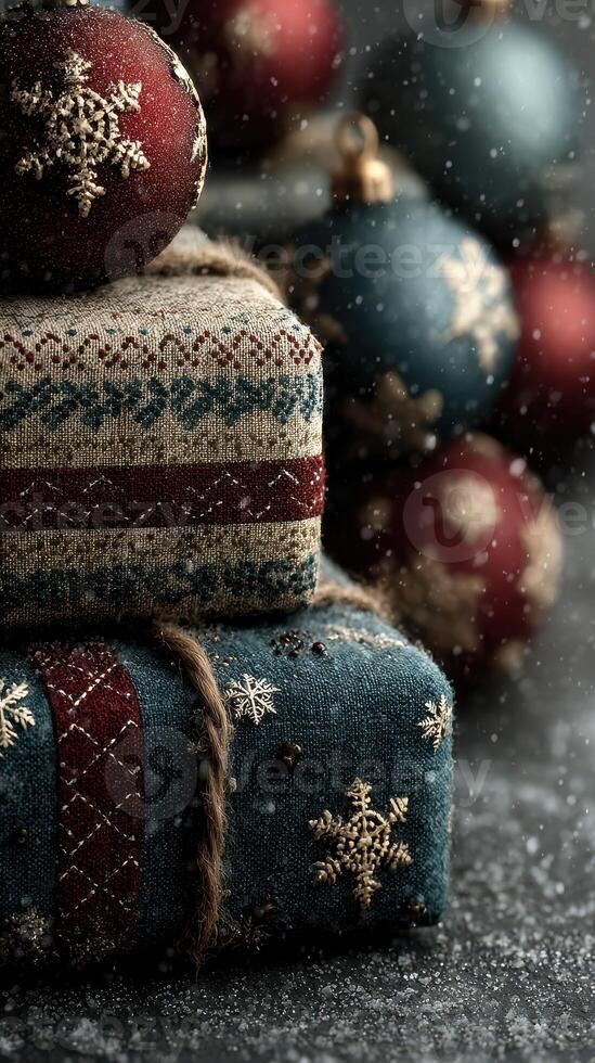 Beautifully wrapped Christmas gifts with decorative patterns and ornaments in a festive winter setting photo