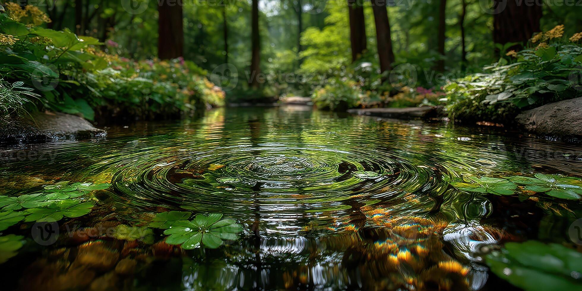 Serene forest stream reflecting ripples and vibrant greenery in a tranquil woodland setting photo