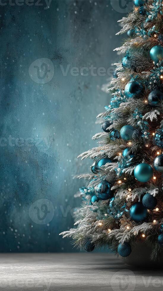 Festive blue and silver Christmas tree adorned with decorations in a serene winter atmosphere photo