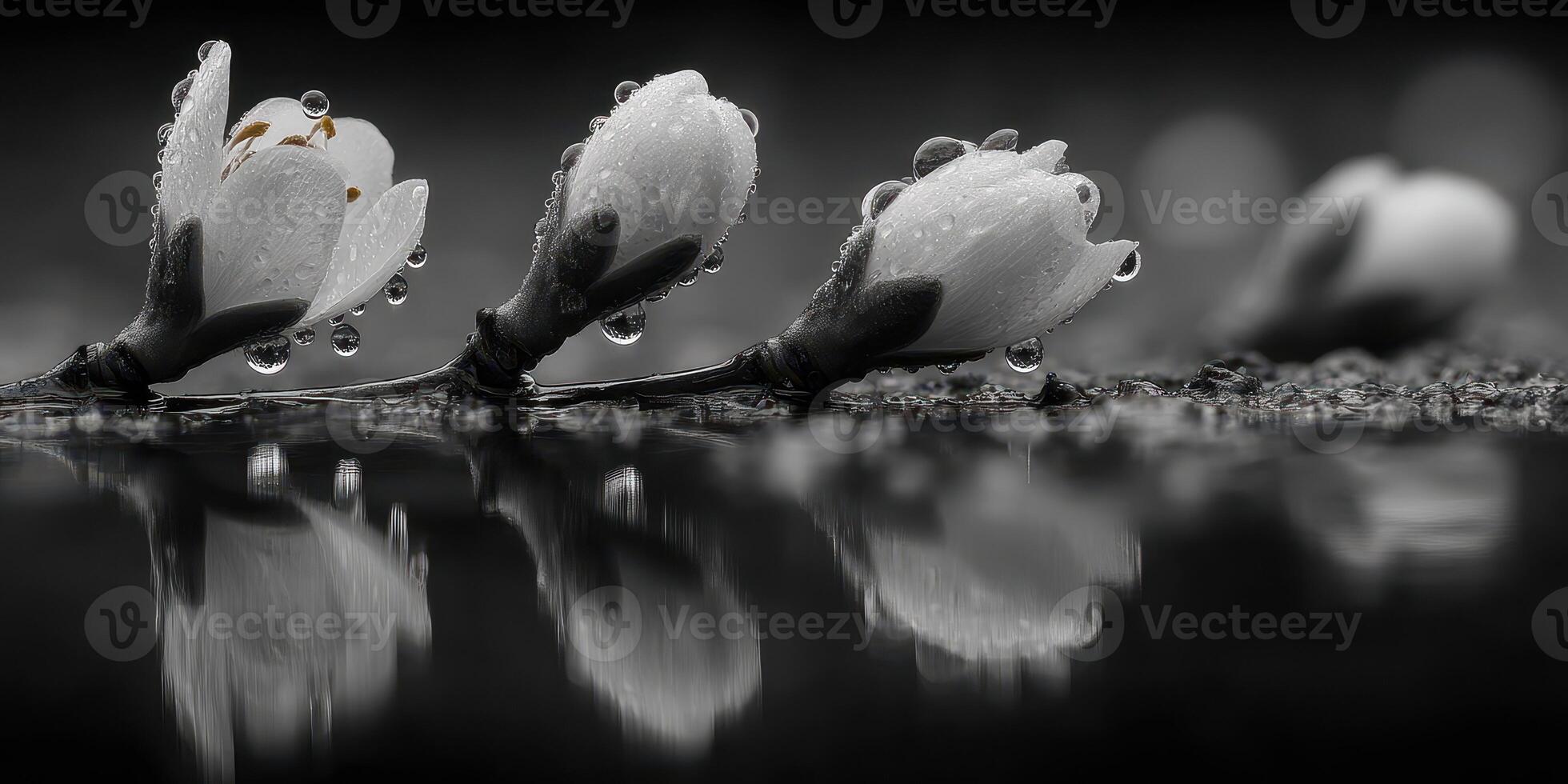Serene blossoms reflect in calm water with droplets capturing the essence of nature's beauty at dawn photo