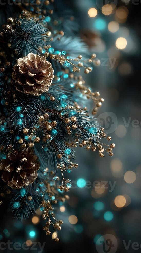 Beautifully adorned pine branches with golden pine cones and shimmering blue accents create a magical holiday atmosphere photo