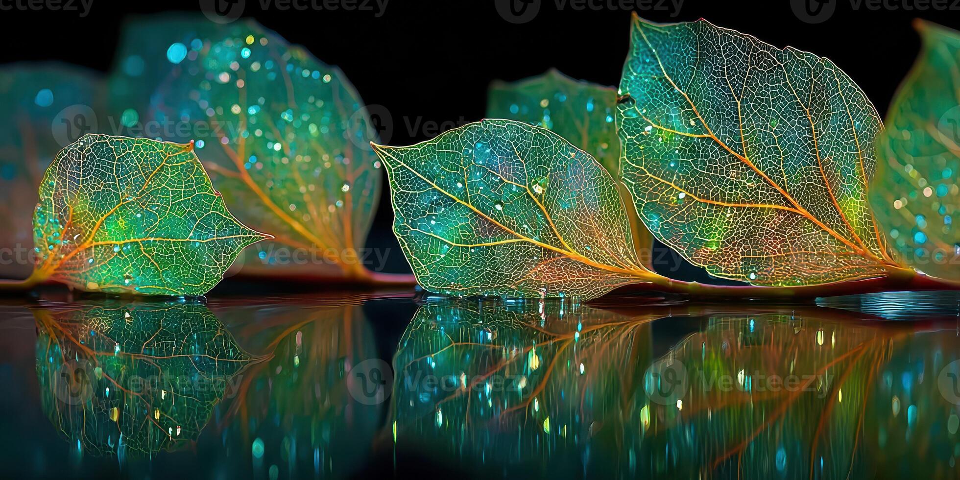 Translucent leaves reflecting light in a serene environment during twilight hours photo
