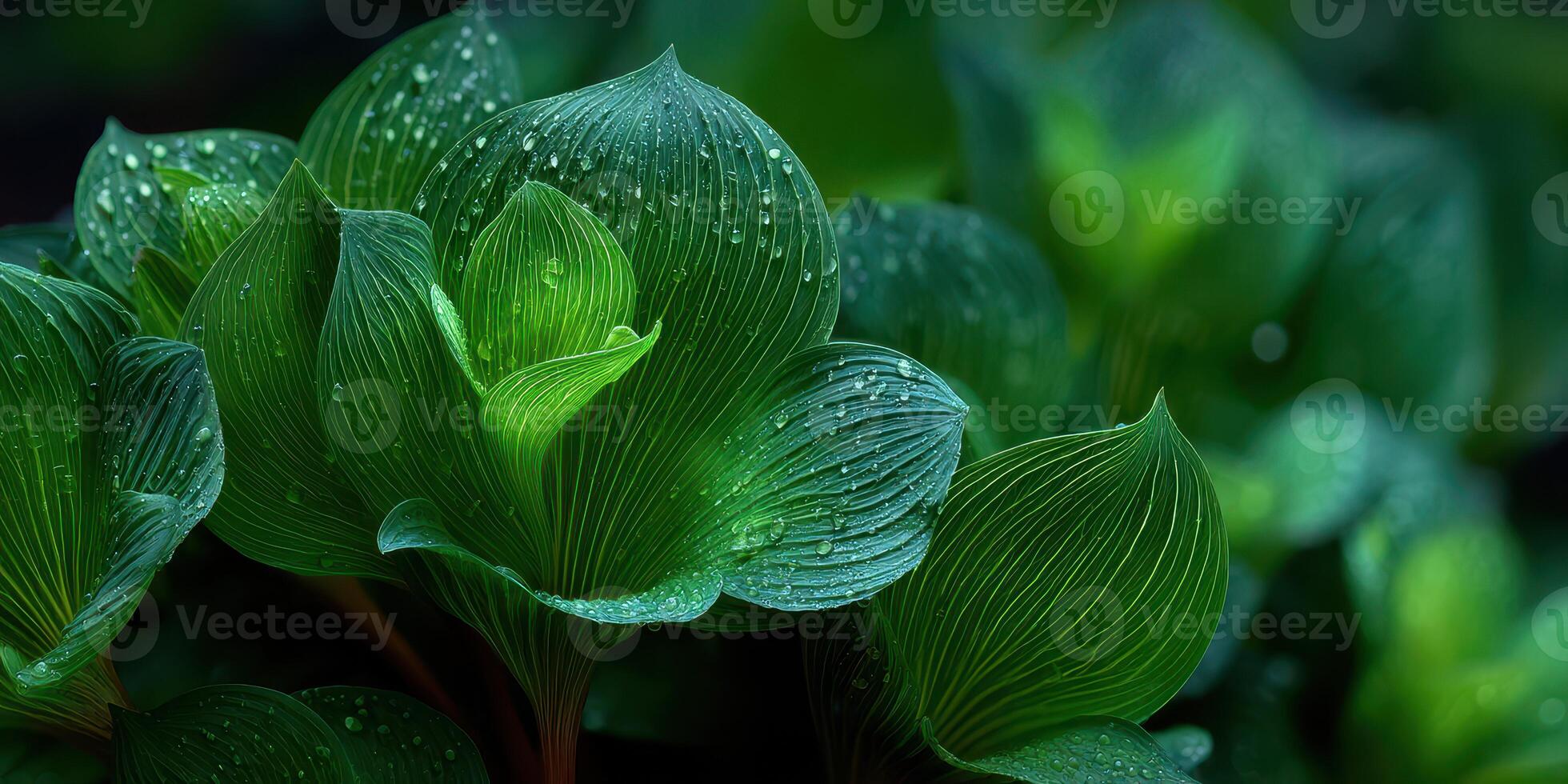 Close-up view of vibrant green leaves adorned with water droplets after rainfall in a lush garden photo