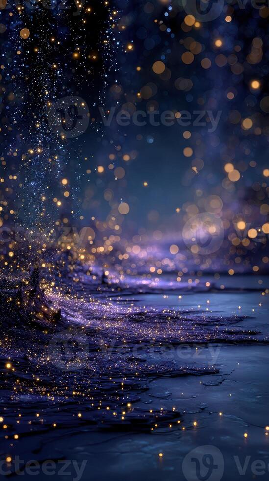 Magical sparkle waves illuminate a tranquil night landscape near a serene body of water photo