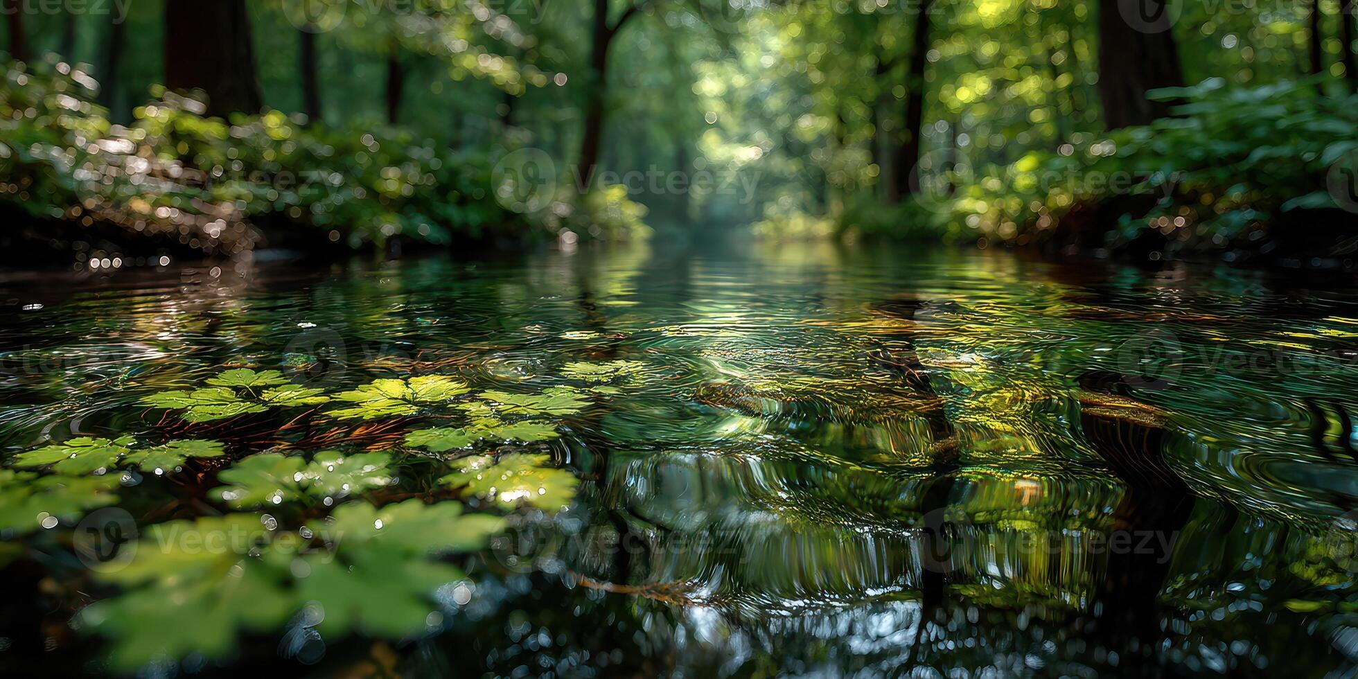 Tranquil stream reflecting lush greenery and soft light in a serene forest setting photo