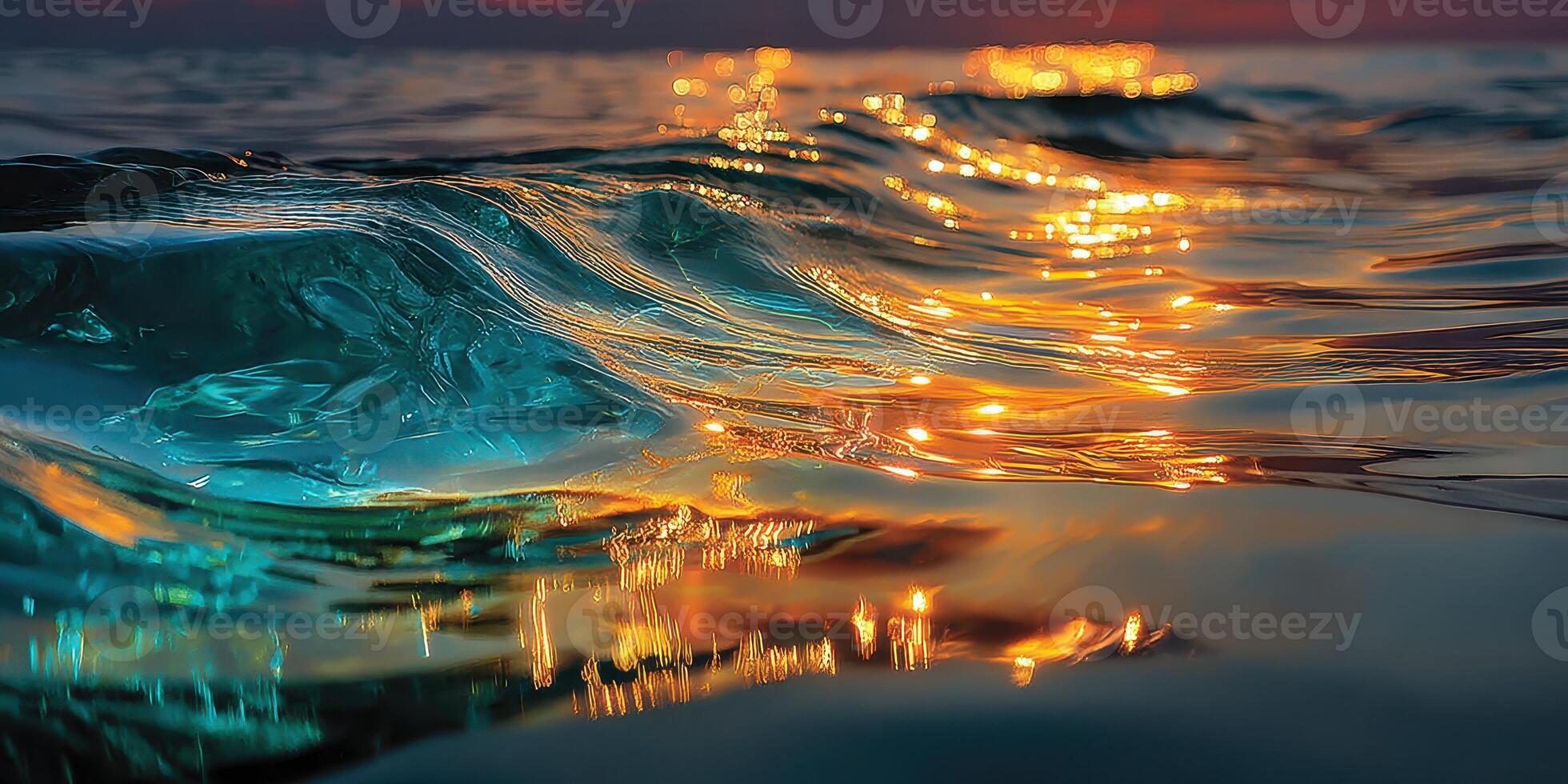 Sunset reflections create shimmering patterns on ocean waves near the shoreline photo