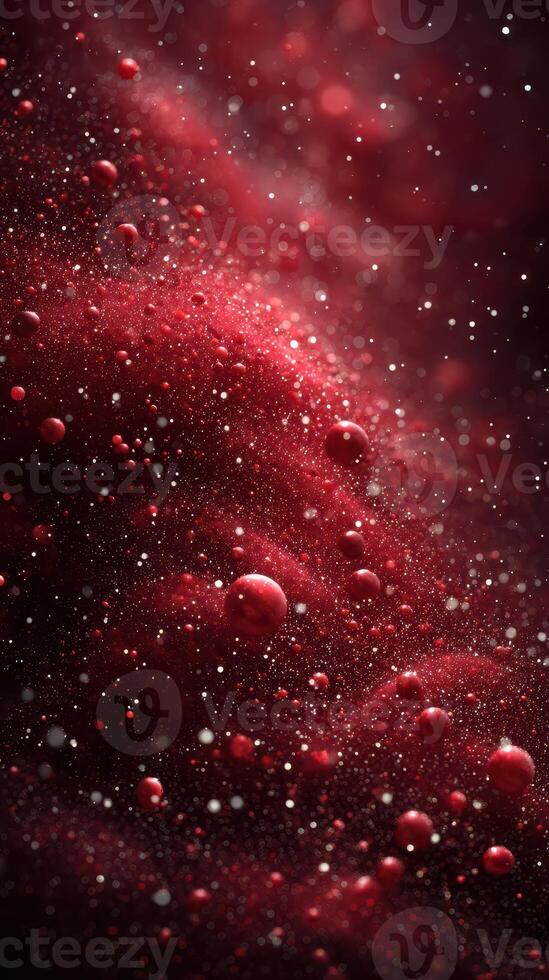 Red abstract texture displaying dynamic spheres and particles shining in a cosmic background with a luminous glow photo
