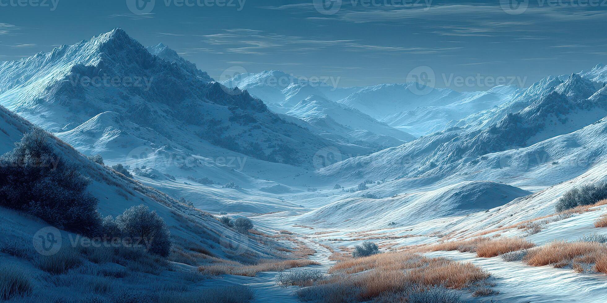 Snow-covered mountain landscape under a clear sky at dawn with soft light illuminating the scene photo