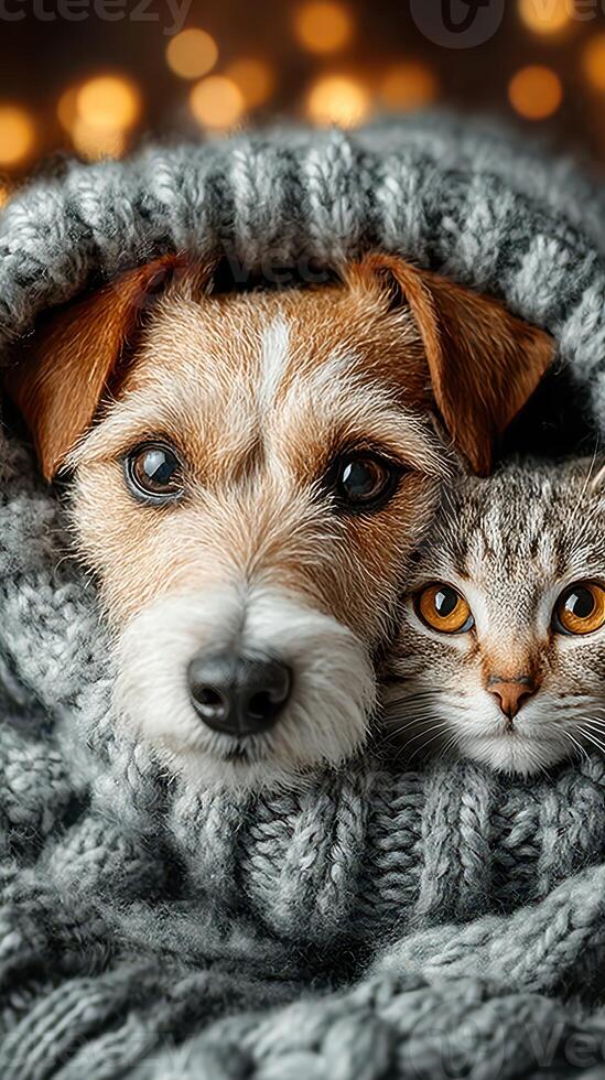 Dog and cat cuddling together in a cozy gray blanket with warm lights in the background photo