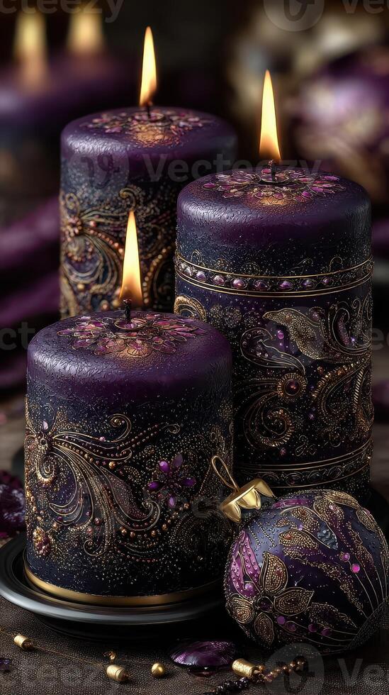 Elegant purple candles with intricate designs and warm flames creating a serene atmosphere during evening relaxation photo
