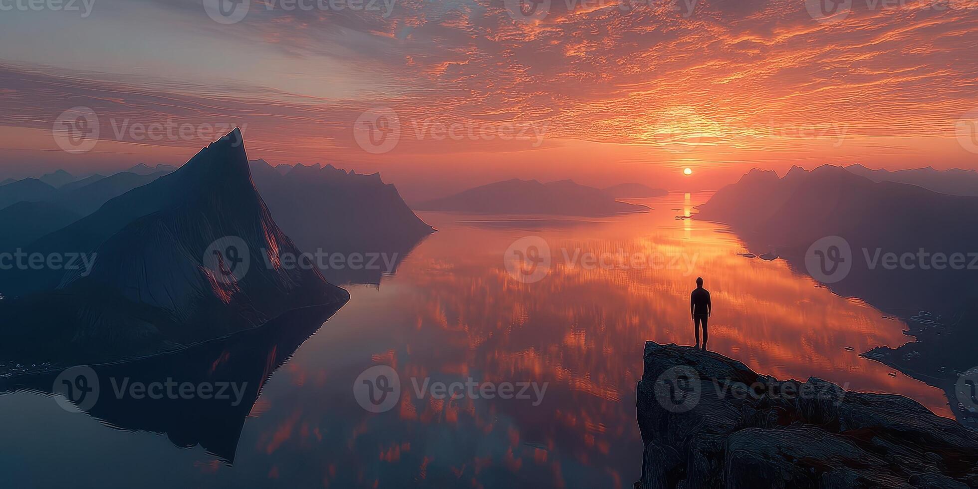 Sunset view from a mountain peak overlooking a calm lake with reflections and a solitary figure in the foreground photo