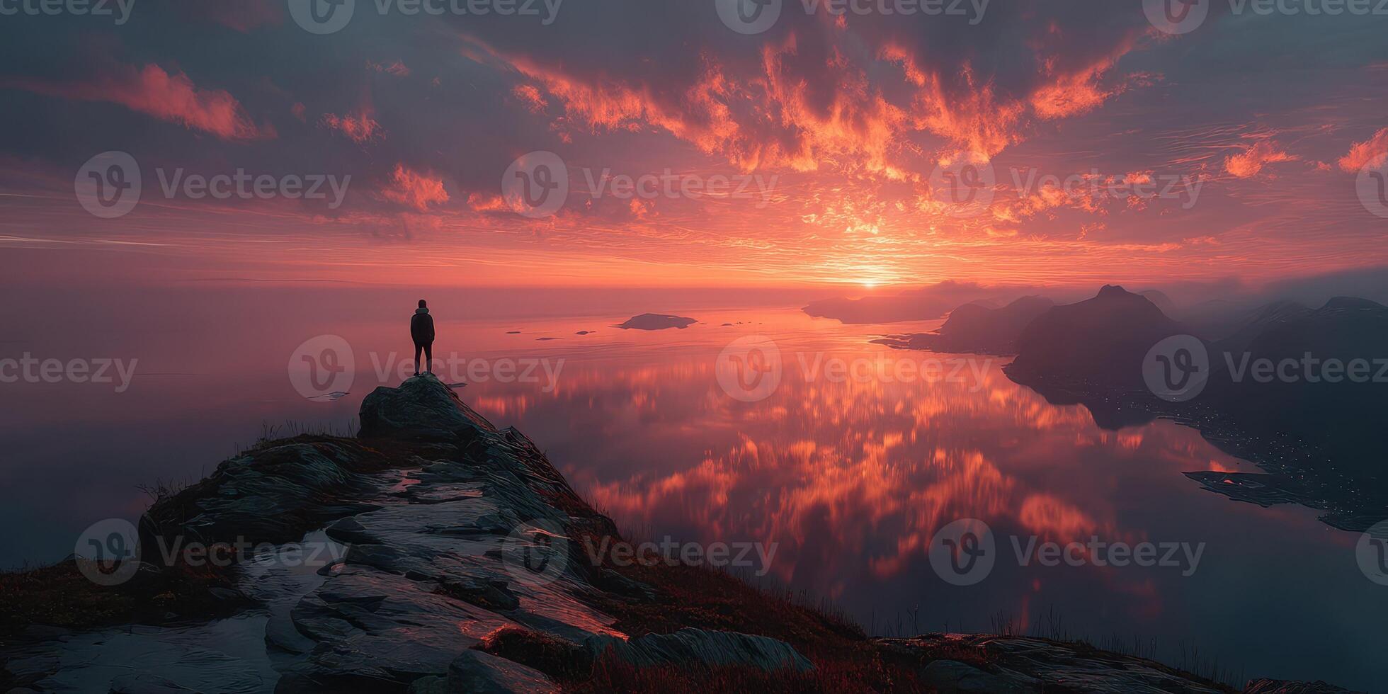 Sunset reflections over calm waters with a silhouette of a person on a rocky outcrop during twilight hours photo
