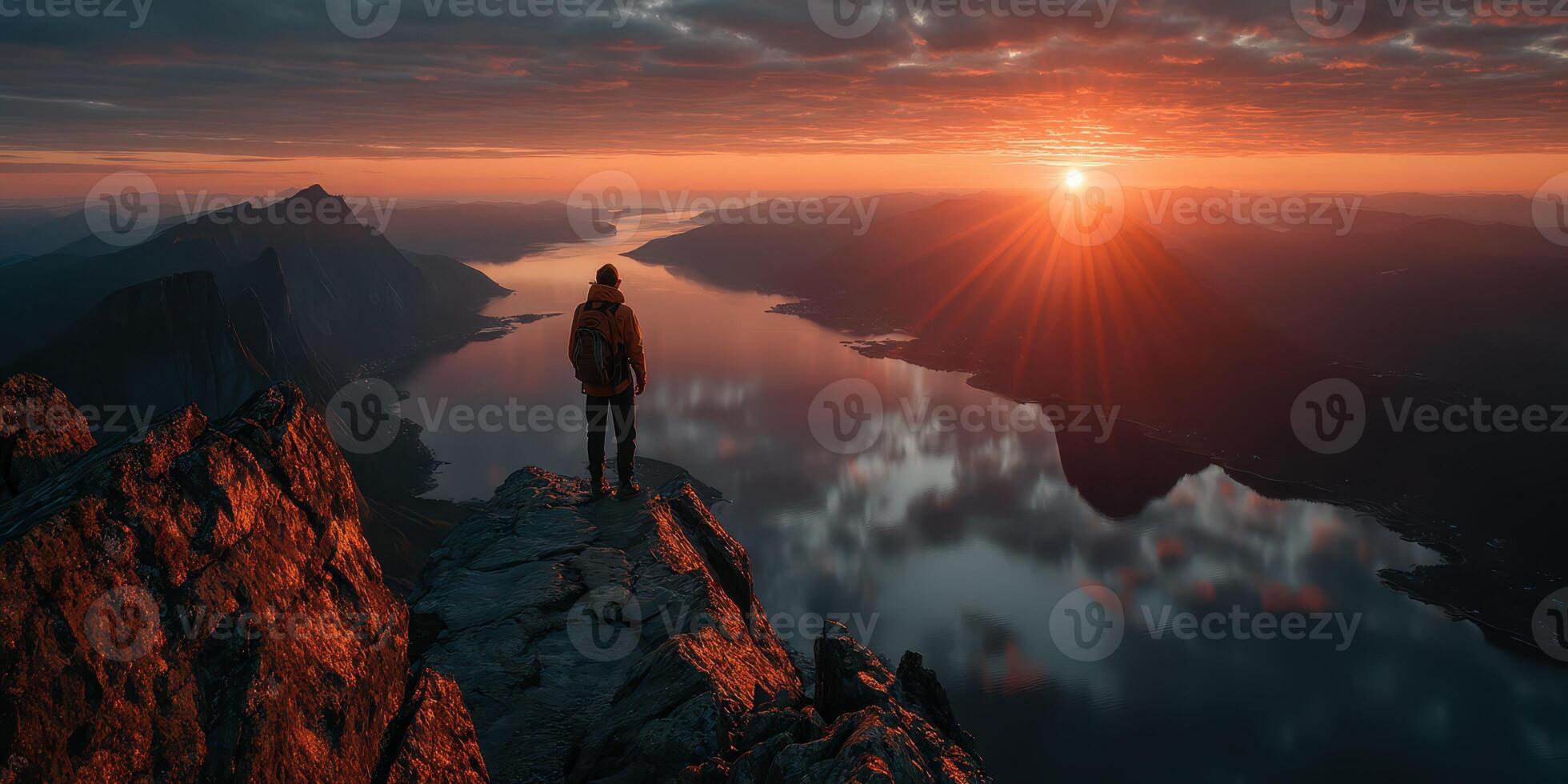 Sunset view from a mountain peak overlooking water and landscape in Norway during the evening hours photo