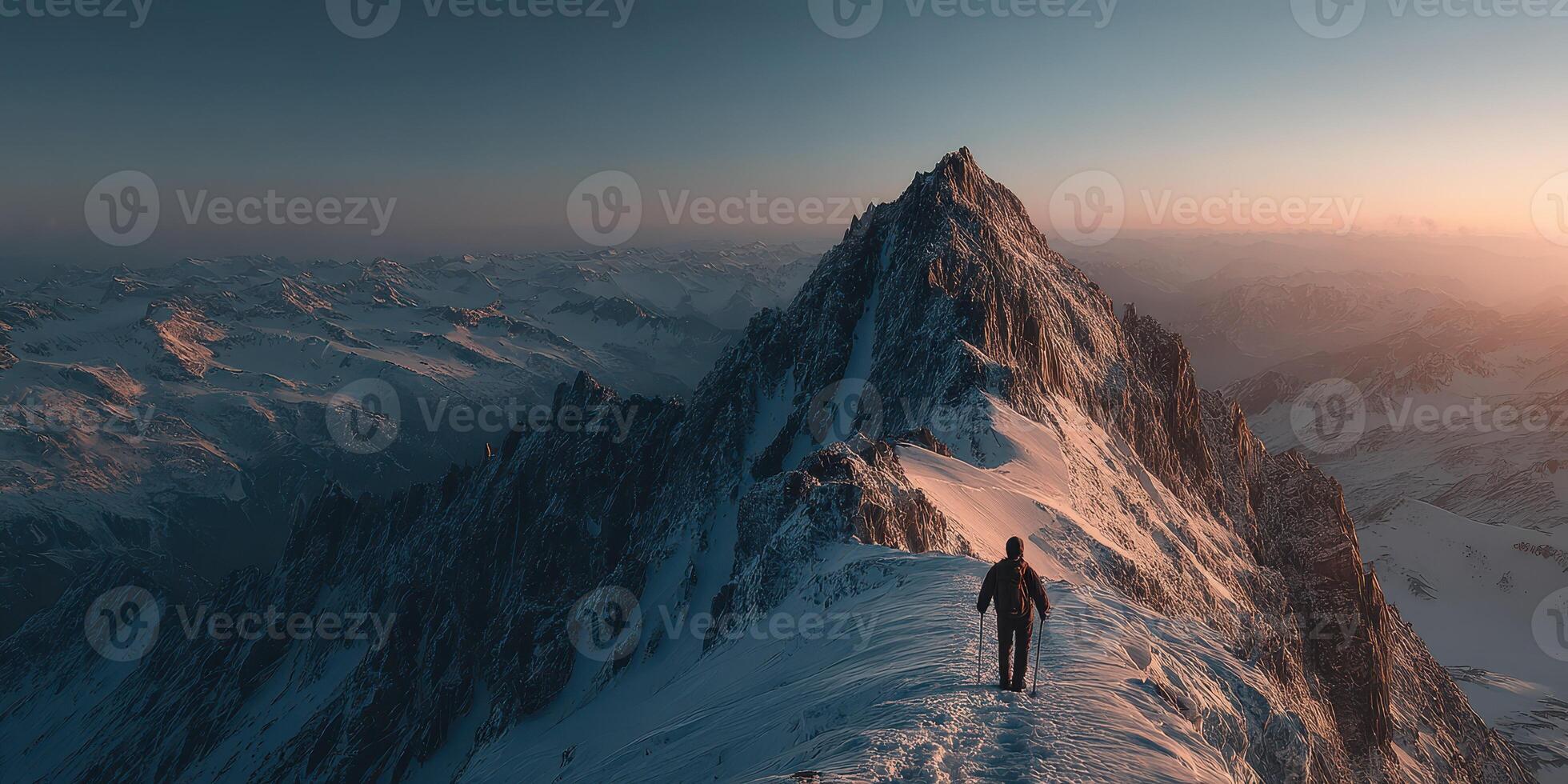 Hiker standing on a snowy mountain peak during sunset, overlooking vast landscapes in the distance photo