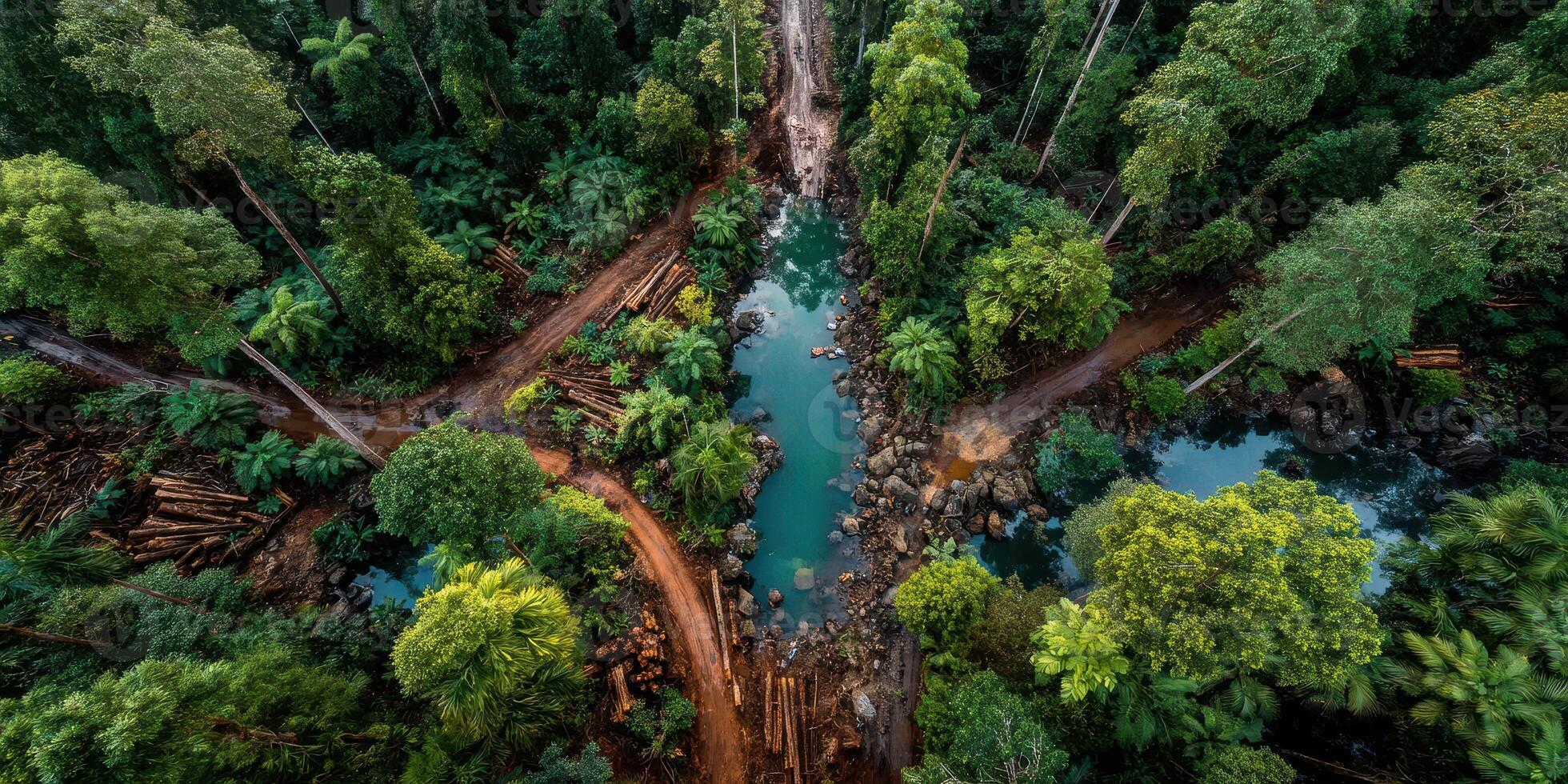 Exploring the lush rainforest terrain with winding waterways and diverse vegetation during midday photo