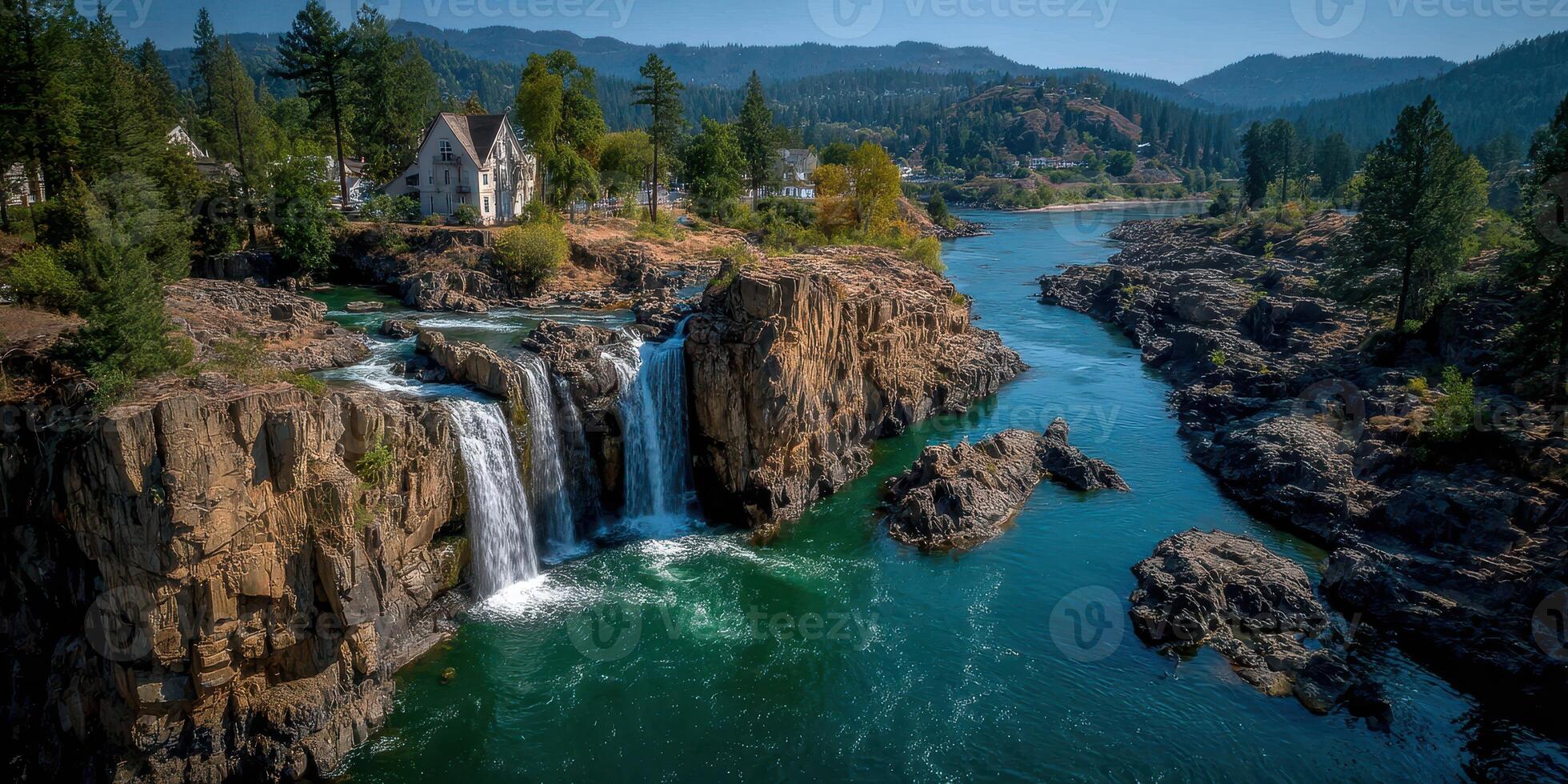 Majestic waterfall cascades into turquoise river surrounded by lush green trees in a picturesque landscape photo