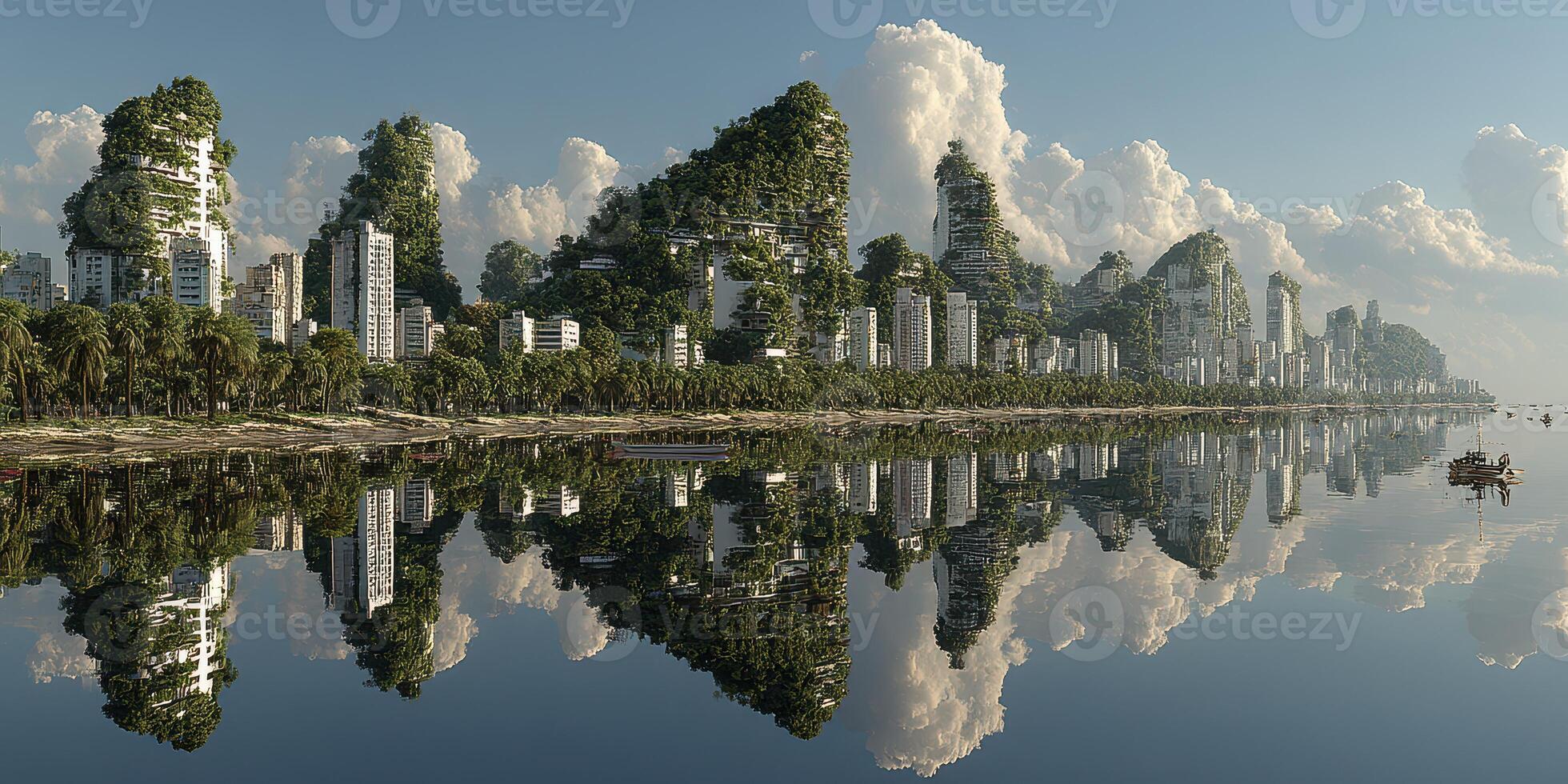 Sustainable eco-city blending nature and architecture along a serene waterfront landscape photo