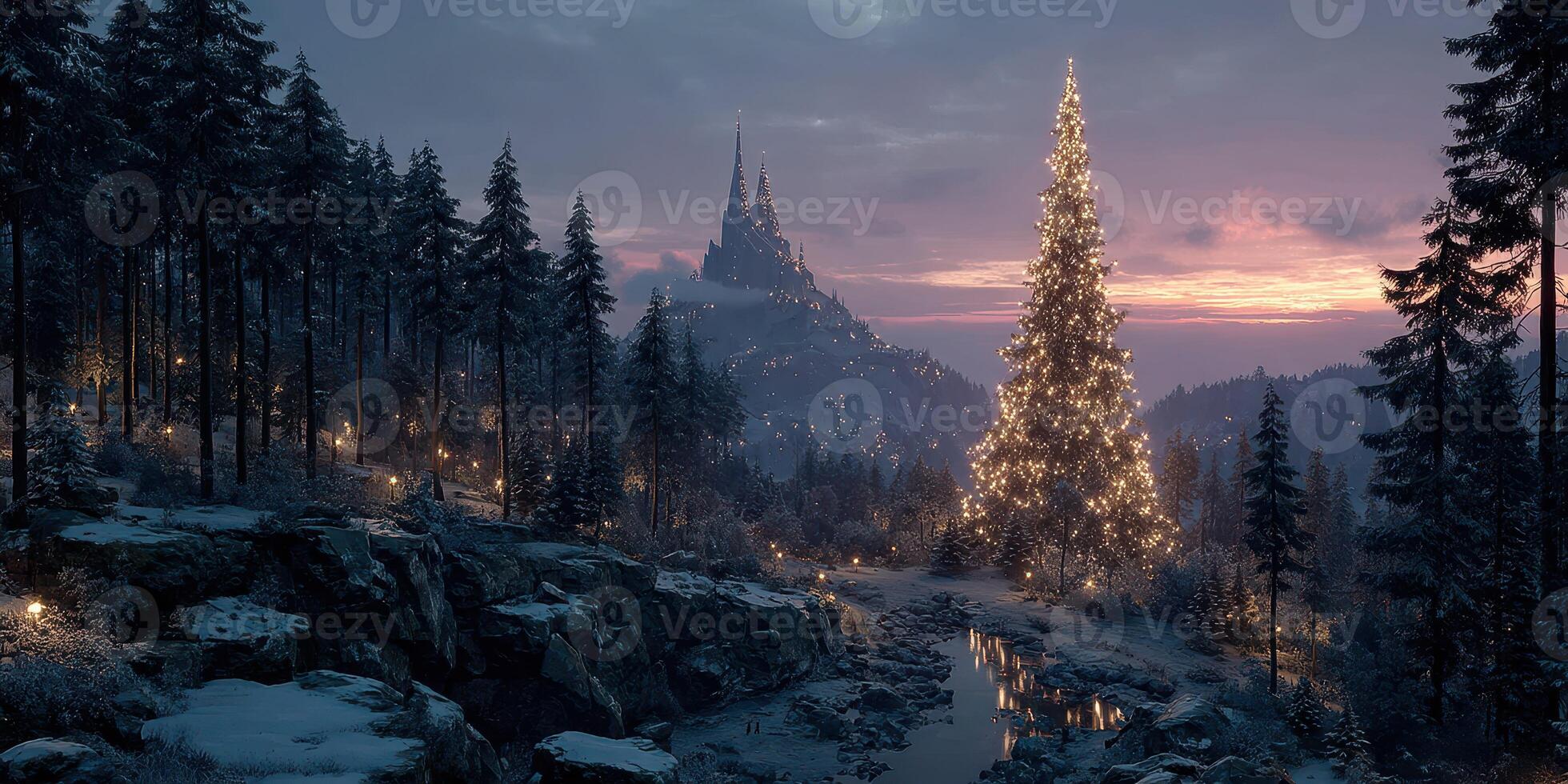 Winter landscape with glowing Christmas tree and distant castle during dusk in a snowy forest photo