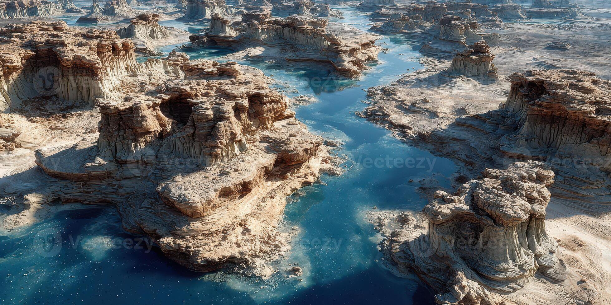 Stunning aerial view showcases rugged rock formations and shimmering water in a remote desert landscape photo