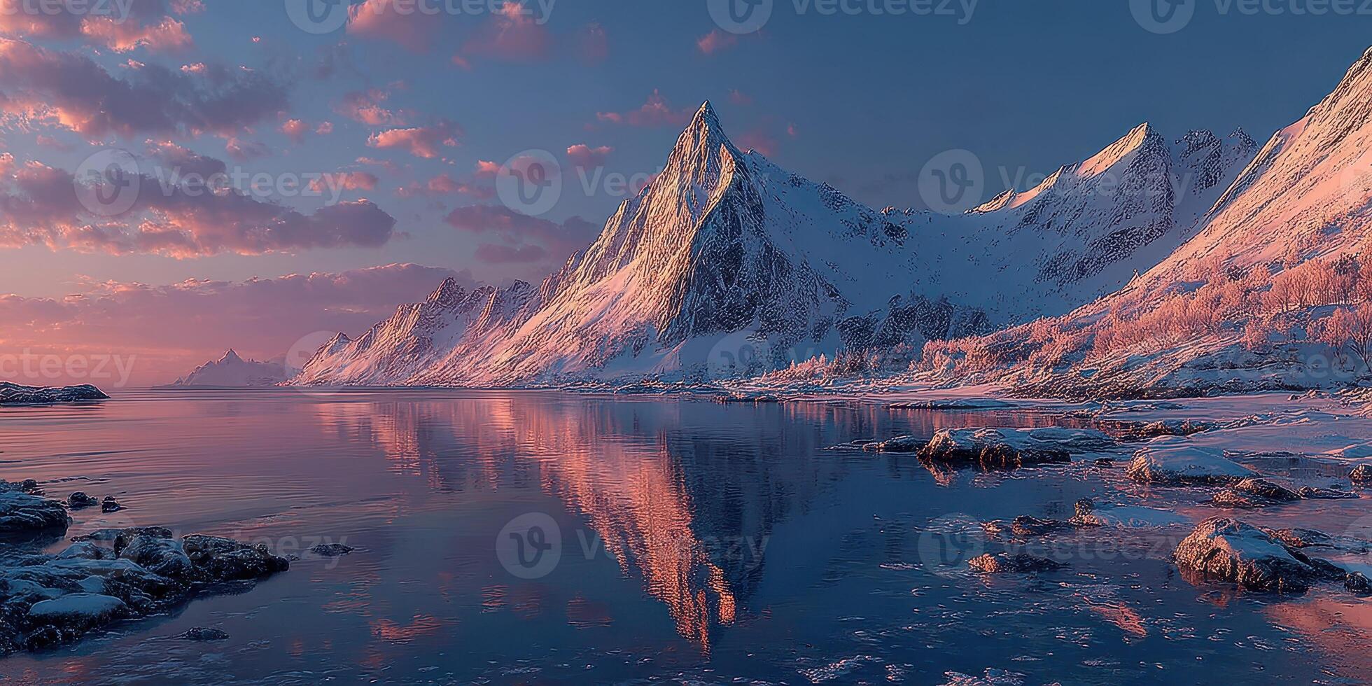 Majestic snowy mountain range reflecting in still waters at dawn in northern landscape photo