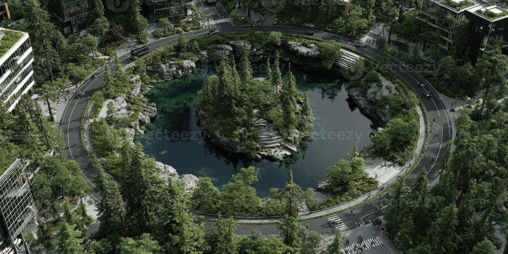 Urban park design featuring a central lake surrounded by lush greenery and modern architecture in a tranquil setting photo