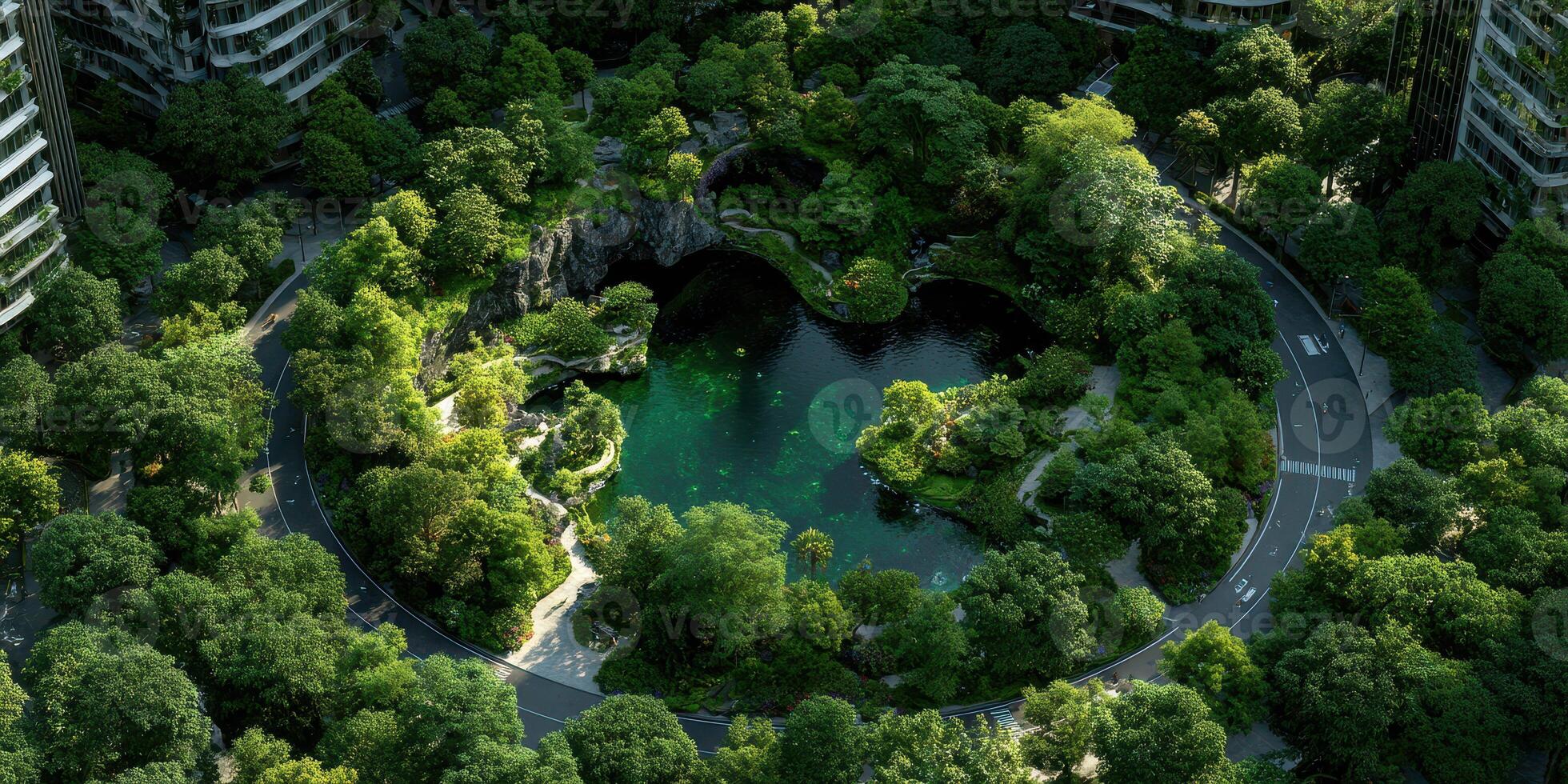 Lush green park encircling tranquil pond in urban setting during midday sunlight photo