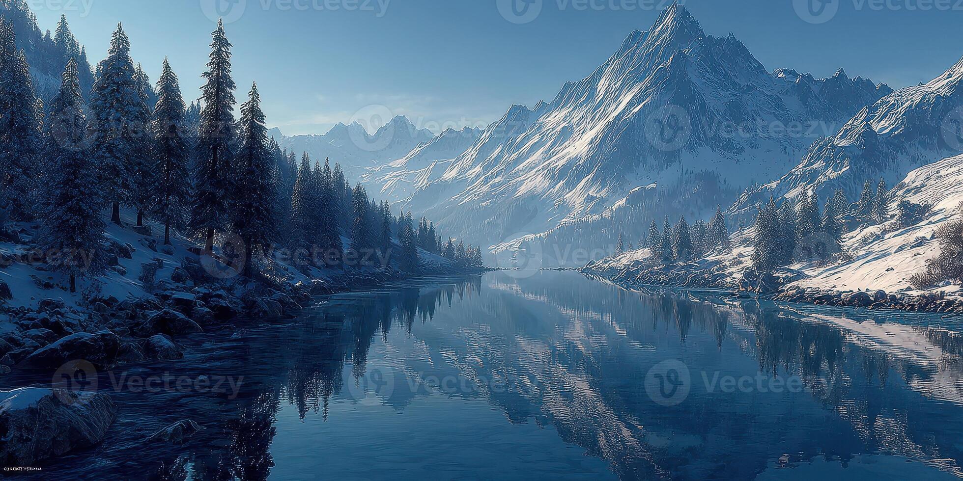 Majestic snowy mountains reflect in a serene river surrounded by tall evergreen trees during early morning light photo