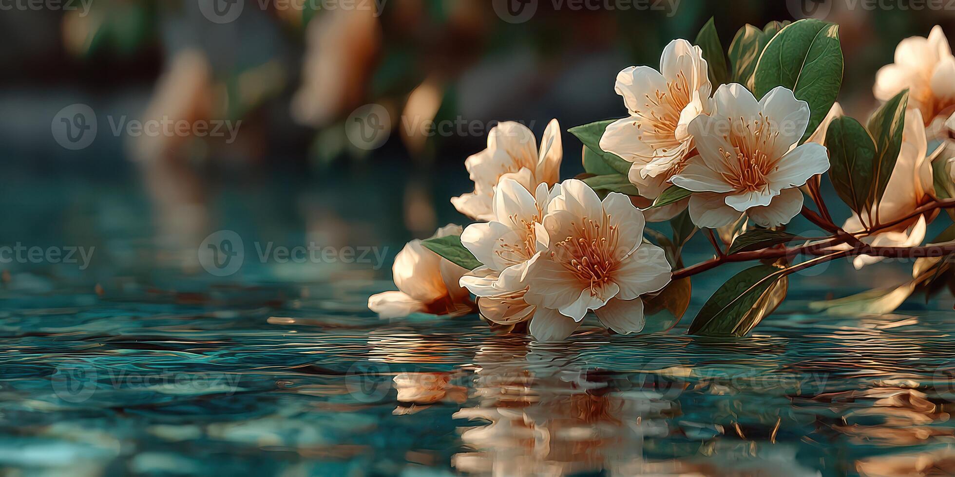 Beautiful flowers floating on tranquil water surface in serene garden setting during early morning light photo