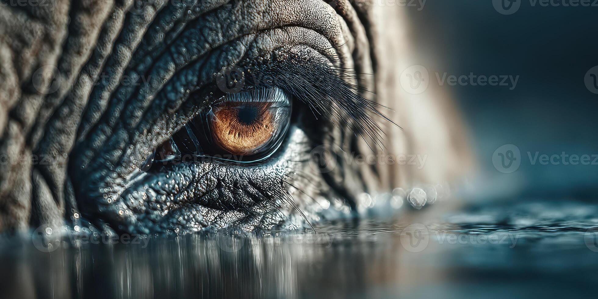 Close-up view of an elephant's eye reflecting water in a serene natural setting at dusk photo