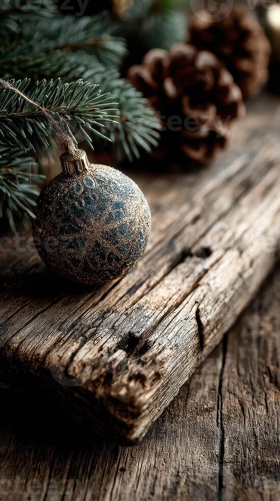 Decorative Christmas ornament on rustic wooden surface with pine branches and pine cones for festive atmosphere photo