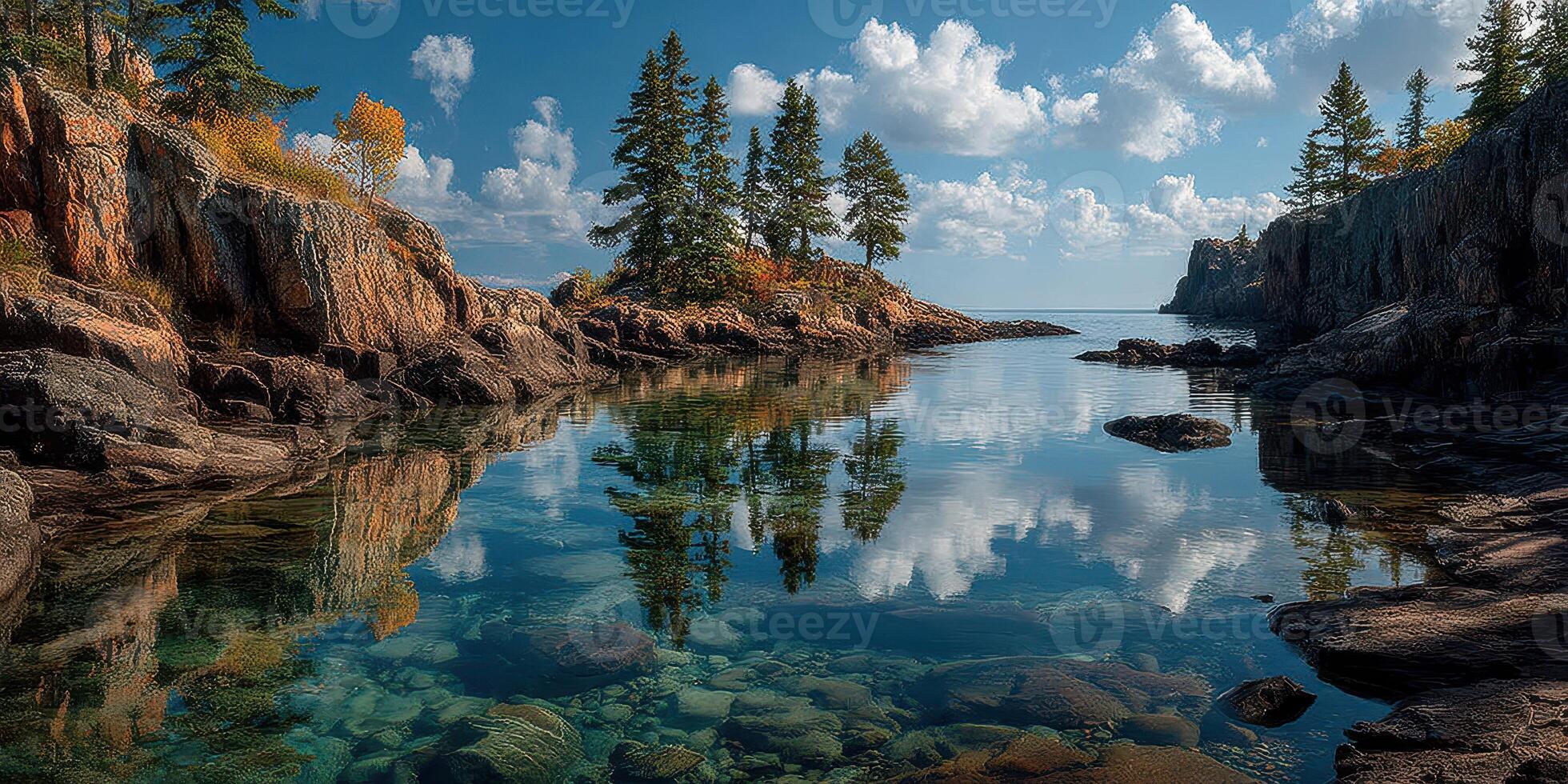 Serene coastal landscape with clear waters and autumn foliage under a blue sky photo