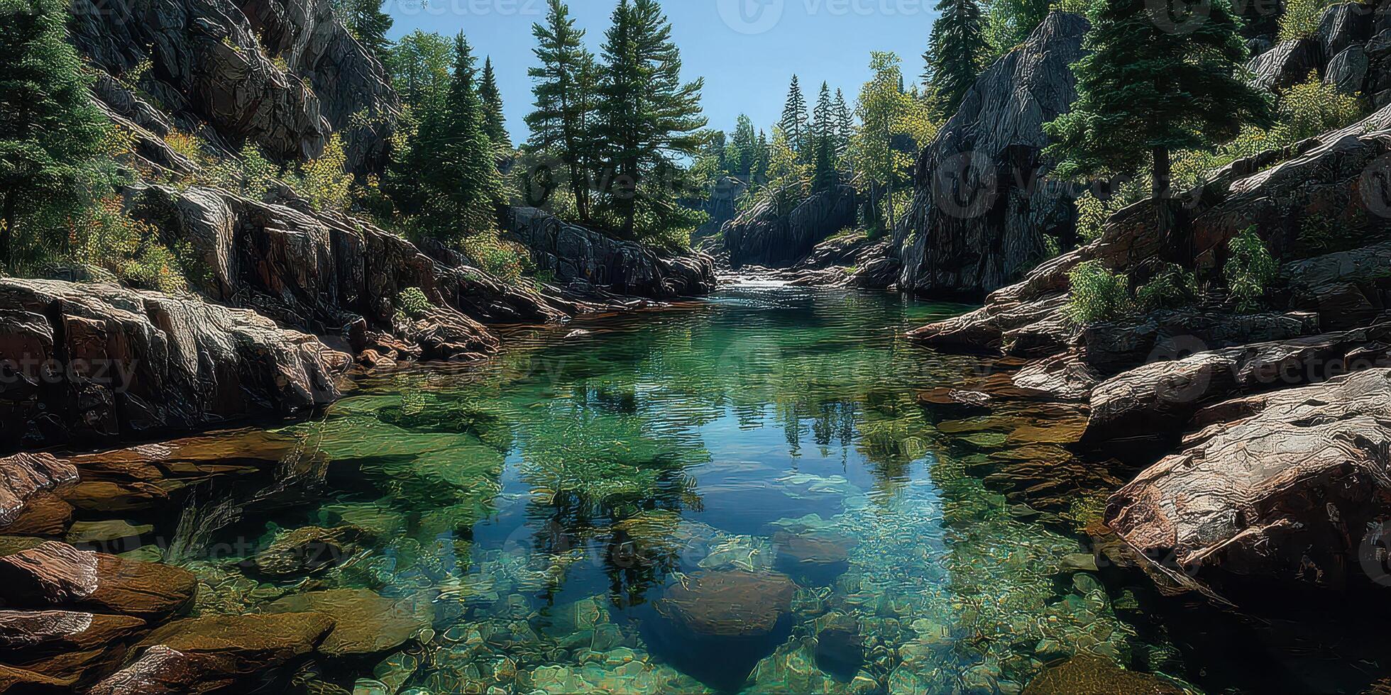 Lush green reflection in clear water at a serene lake surrounded by towering trees and rocky cliffs in midday sunlight photo