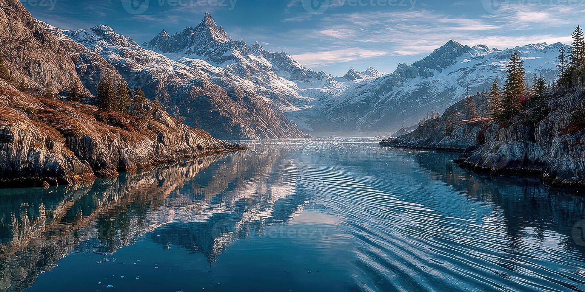 Snow-capped mountains reflect in a tranquil glacial lake at sunrise in a remote wilderness area photo