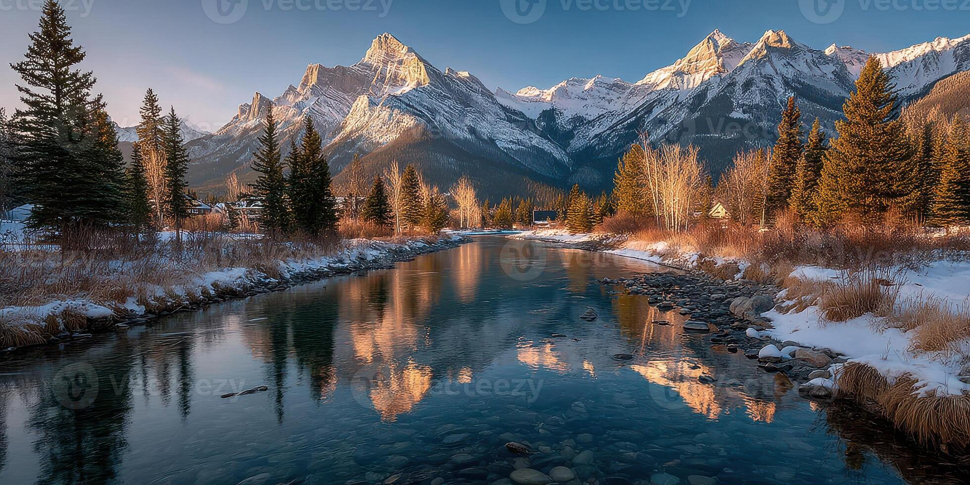 Winter landscape featuring snow-capped mountains and a serene river at sunset in the Canadian Rockies photo