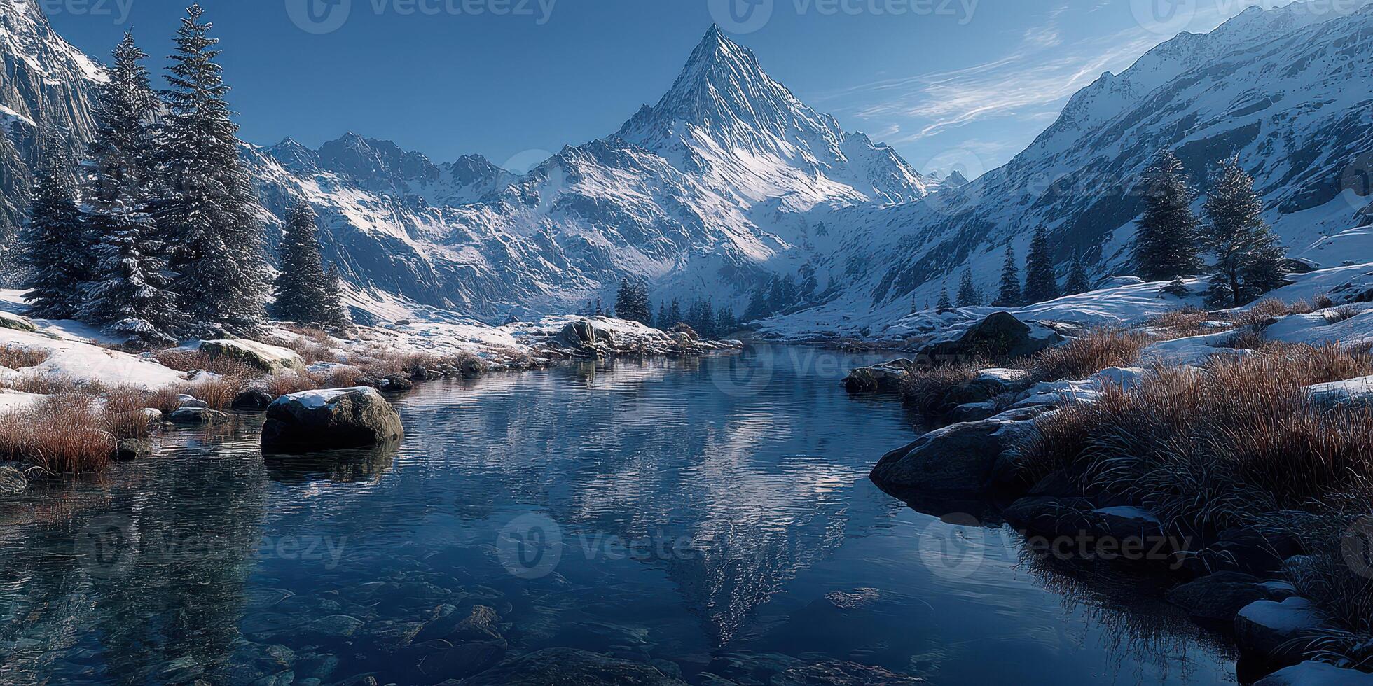 Scenic winter landscape with majestic mountains and tranquil river reflecting the blue sky photo